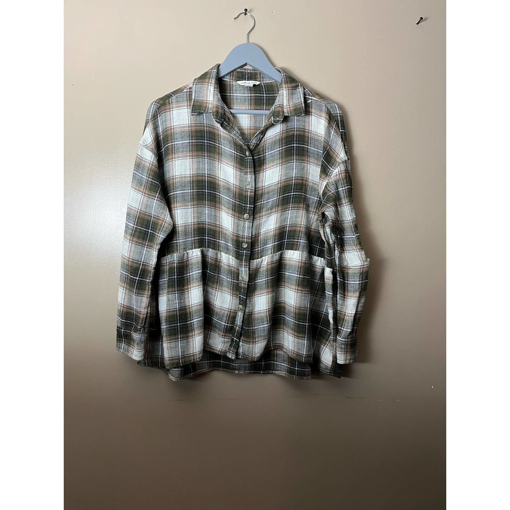 American Eagle Outfitters XS Plaid Flannel Button Down Peplum Shirt Olive Green